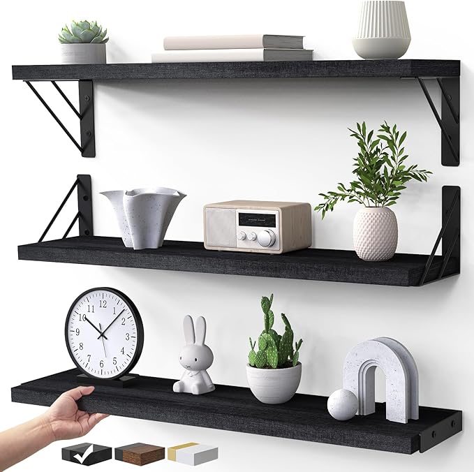 BAYKA Wall Mounted Floating Shelves, Wood Floating Wall Shelf for Books & Decor, Small Space-Saving Display & Organizerï¼Blackï¼23inï¼Set of 3ï¼
