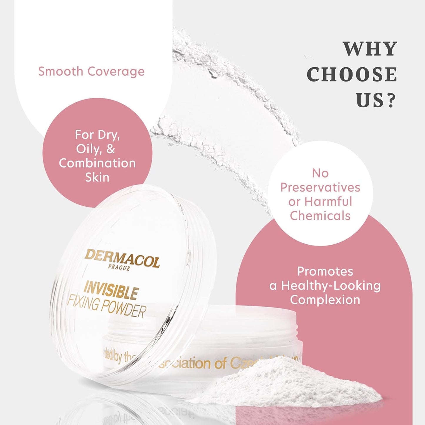 Dermacol - Invisible Fixing Face Powder, Touch-proof Translucent Setting Powder for Oily Skin & Other Skin Types, Loose Powder Makeup, Frangrance-Free Matte Powder with Powder Puff, White, 13.5 g