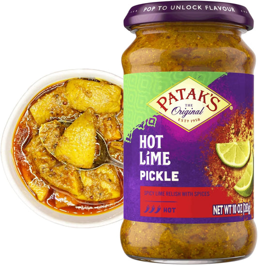 Patak’s Hot Lime Pickle - Authentic Indian Relish w/Lime Dices, Mustard Seeds & Aromatic Spices - Perfect for Sandwiches, Curries, Salads & Cold Meats - Vegan Spicy Pickle - 10oz Jar (Pack of 1)