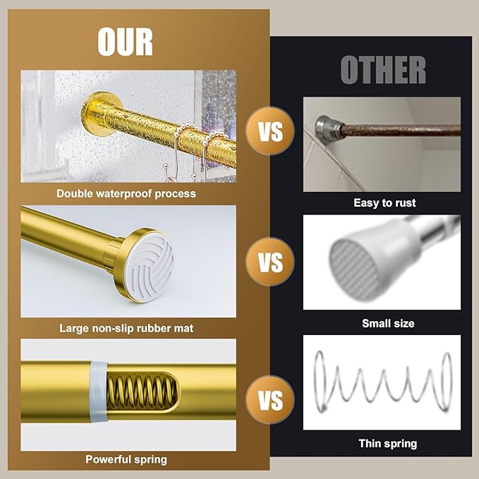 Ausemku Shower Curtain Rod 32-50 Inch Adjustable - 1 Inch Diameter Heavy Duty No drill Spring Tension Shower Rod, Non-Slip Rustproof Telescopic Rod for Bathroom, Gold