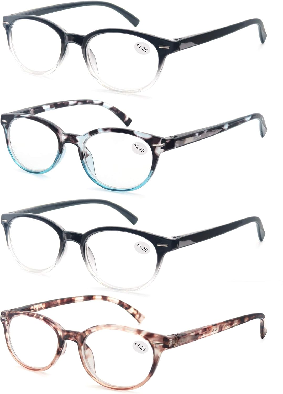 Reading Glasses for Women Cute Round Readers +1.00 for Small Head/Petite Face Lightweight Cheaters Glasses w/Spring Hinges 4 Pack
