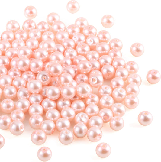 200Pcs Glass Pearl Beads Round Spacer Pearl Czech Tiny Satin Luster Loose Pearl Beads with Through Holes Handcrafted Assorted Colors Sizes for DIY Crafts Jewelry Making (Light Rose Pink, 8mm)