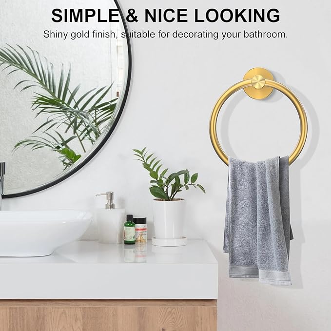 SetSail Towel Holder for Bathroom Wall Screw-in Gold Towel Ring Stainless Steel Hand Towel Holder Heavy Duty Towel Hanger for Bath, Kitchen Drill Hole, 3 Packs