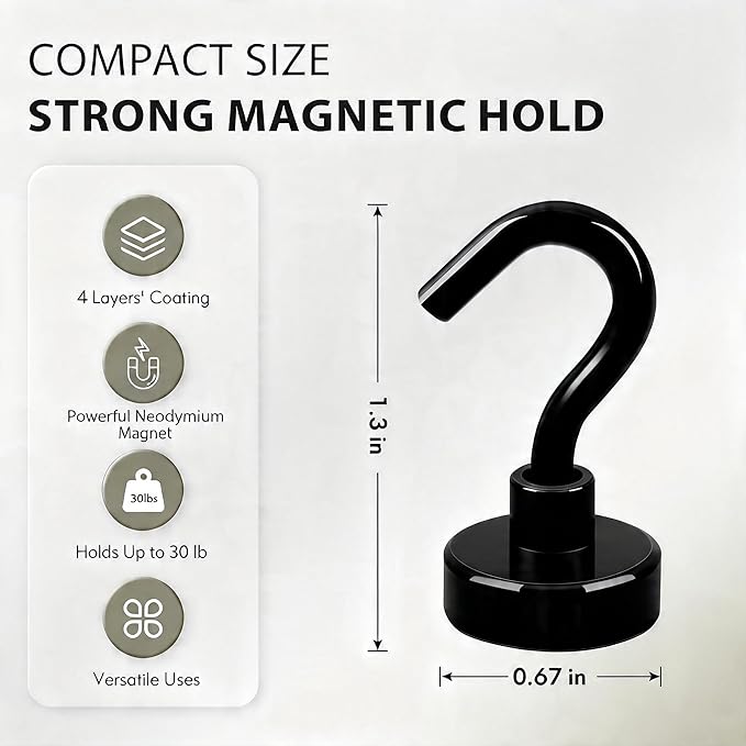 Neosmuk Magnetic Hooks, Heavy Duty 30lb+ Strong Magnet Hook for Cruise Cabins, Cruise Ship Essentials for Hanging, Metal Wall Refrigerator Hangers (Black, 12 Pack)