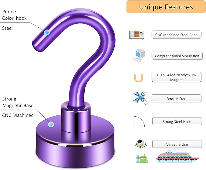 Neosmuk Magnetic Hooks, Heavy Duty 30lb+ Strong Magnet Hook for Cruise Cabins, Cruise Ship Essentials for Hanging, Metal Wall Refrigerator Hangers (Purple, 12 Pack)