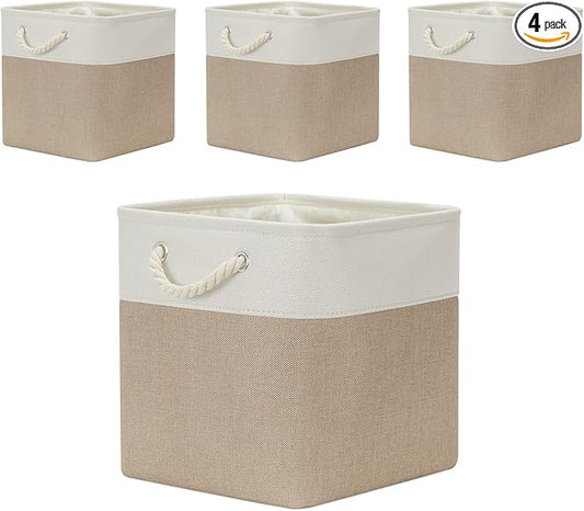 Temary Cube Storage Baskets 4 Pack 13x13 Fabric Cube Storage Bins for Clothes, Large Baskets Boxes with Handles, Canvas Basket for Organizing Towels, Collapsible Storage Bins (White&&Khaki)