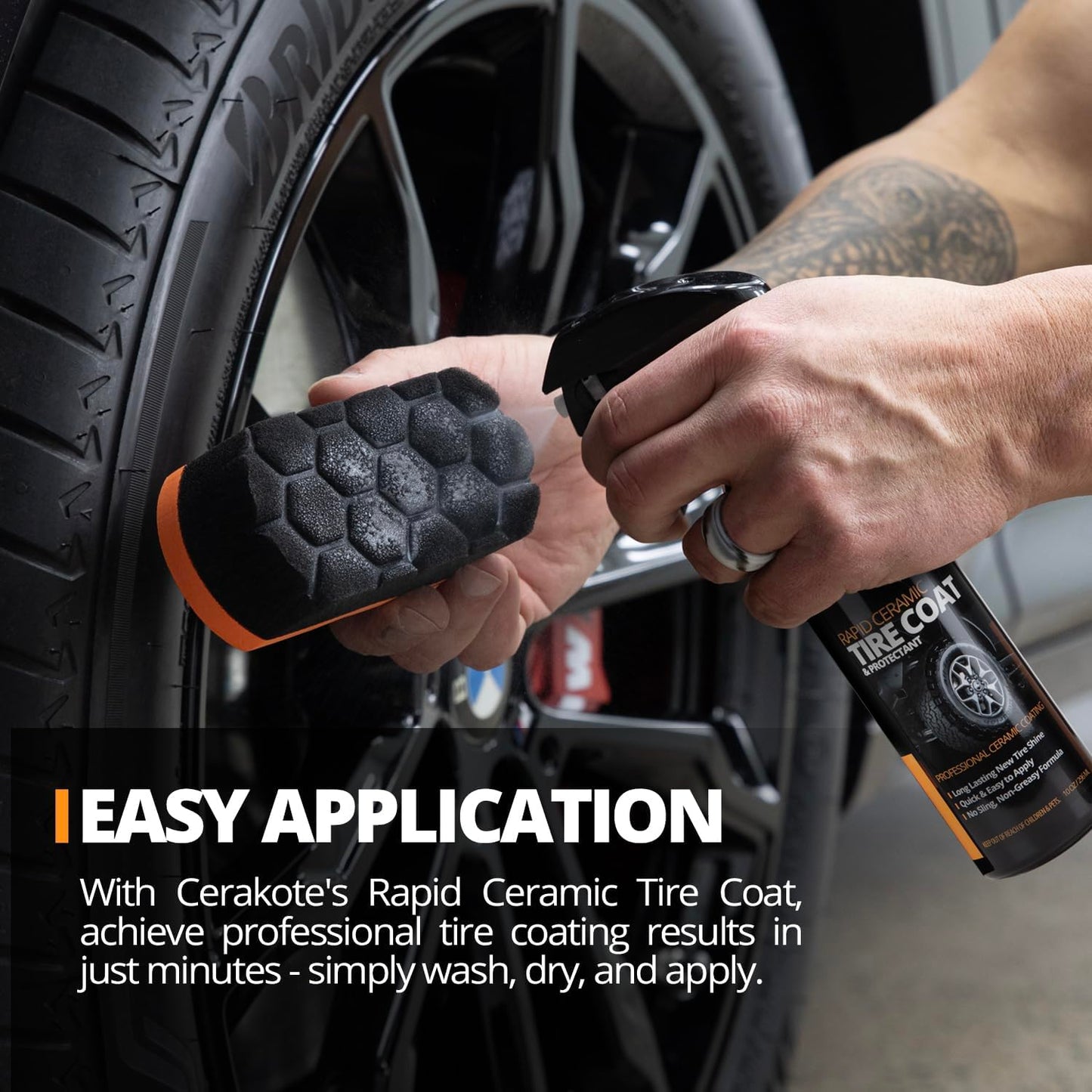 CERAKOTE Rapid Ceramic Tire Coat – Showroom New Tire Shine – Deep Tire Black Finish – Lasts Up to 10x Longer – No Sling, Non-Greasy Ceramic Tire Coating for Car, Truck & SUV – Easy Application (10oz)