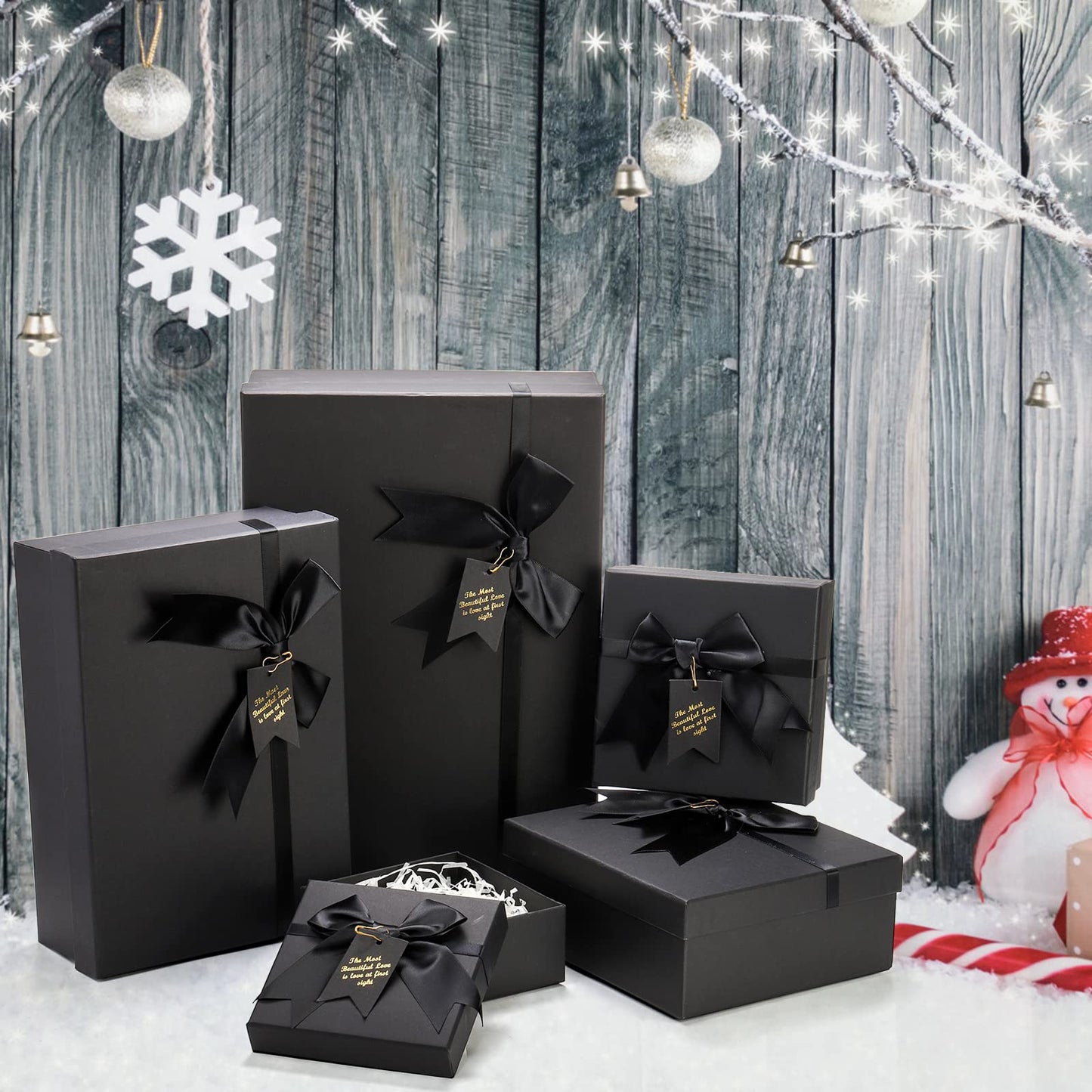 ZENFUN 5 Pack Black Nested Gift Boxes with Lid for Valentine's Presents, 5 Sizes Luxury Packaging Box with Ribbon Bows and Label Gift Wrap for Thanksgiving Birthday, Weddings, Mother's Day 13.7'' to 5.1''