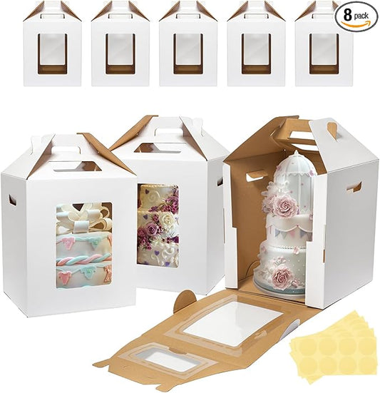 Wowxyz 8 Pack Tall Cake Boxes for Tier Cakes 10x10x12 Inch Disposable Layer Tall Baking Carrier with Window Large Tierd Bakery Take Out Transport Containers with Handle for Wedding, Birthday, Party
