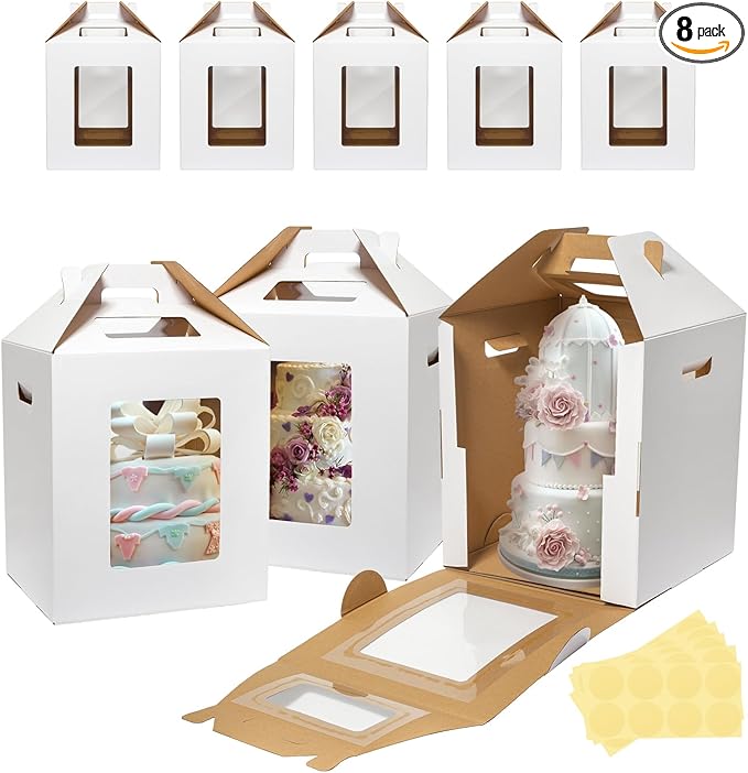 Wowxyz 8 Pack Tall Cake Boxes for Tier Cakes 12x12x14 Inch Disposable Layer Tall Baking Carrier with Window Large Tierd Bakery Take Out Transport Containers with Handle for Wedding, Birthday, Party