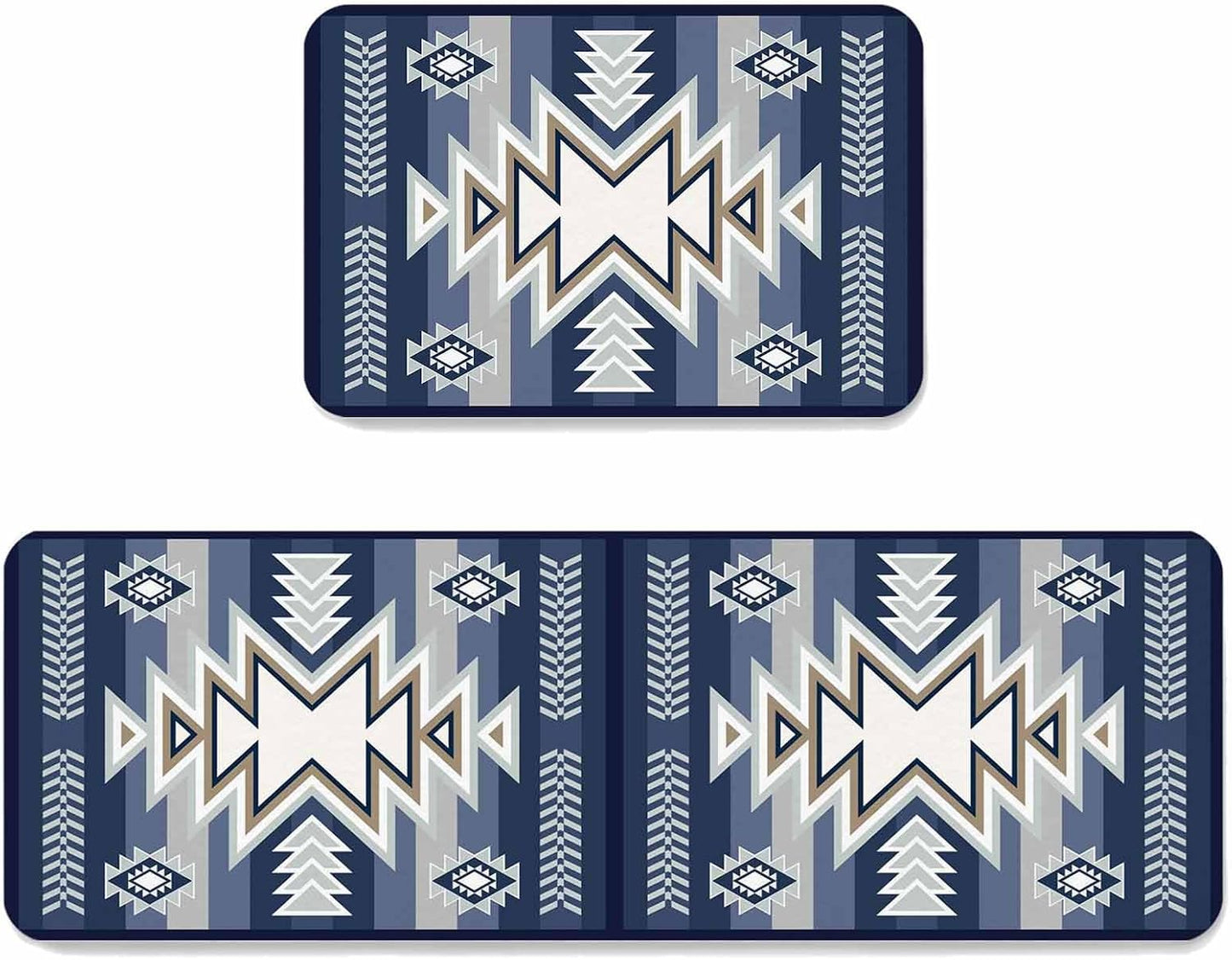 Bohemia Aztec Kitchen Mats for Floor 2 Piece, Blue Geometric Country Farmhouses Tribe Absorbent Non-Slip Kitchen Rugs Comfort Standing Mat for Laundry, Hallways 15.7"x23.6"+15.7"x47.2"