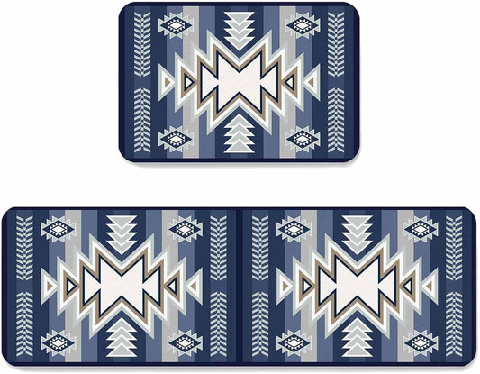 Bohemia Aztec Kitchen Mats for Floor 2 Piece, Blue Geometric Country Farmhouses Tribe Absorbent Non-Slip Kitchen Rugs Comfort Standing Mat for Laundry, Hallways 15.7"x23.6"+15.7"x47.2"