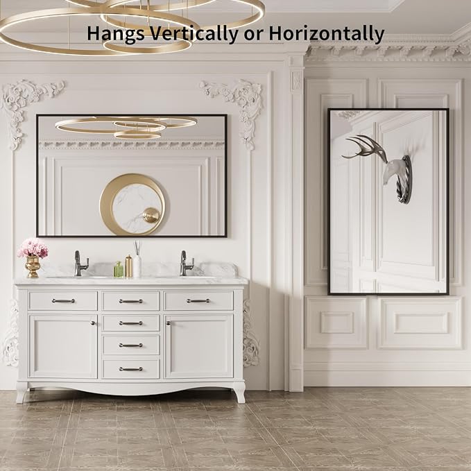 LOAAO 50"X30" Black Rectangle Bathroom Mirror Wall, Matte Black Aluminum Alloy Frame, Tempered Glass, Hangs Vertically or Horizontally, Easy to Install