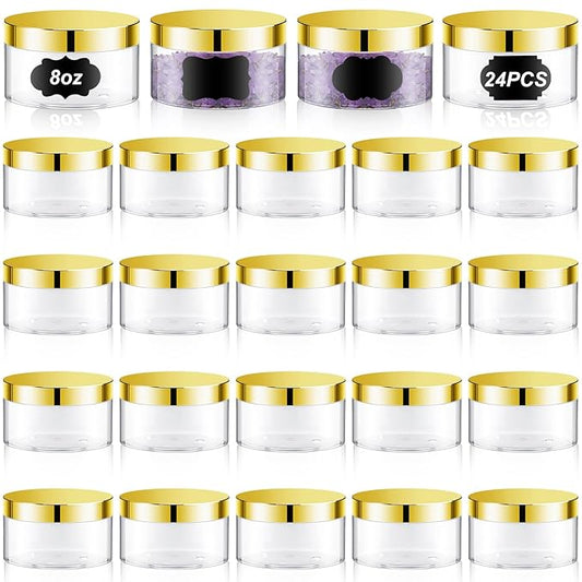 Dandat 24 Pcs 8 oz Plastic Jar Container with Lid and Label Refillable Empty Round Clear with Gold Pet Cosmetic Sample Slime Containers for Lotion, Cream, Ointments, Body Butter, Makeup Travel Storage