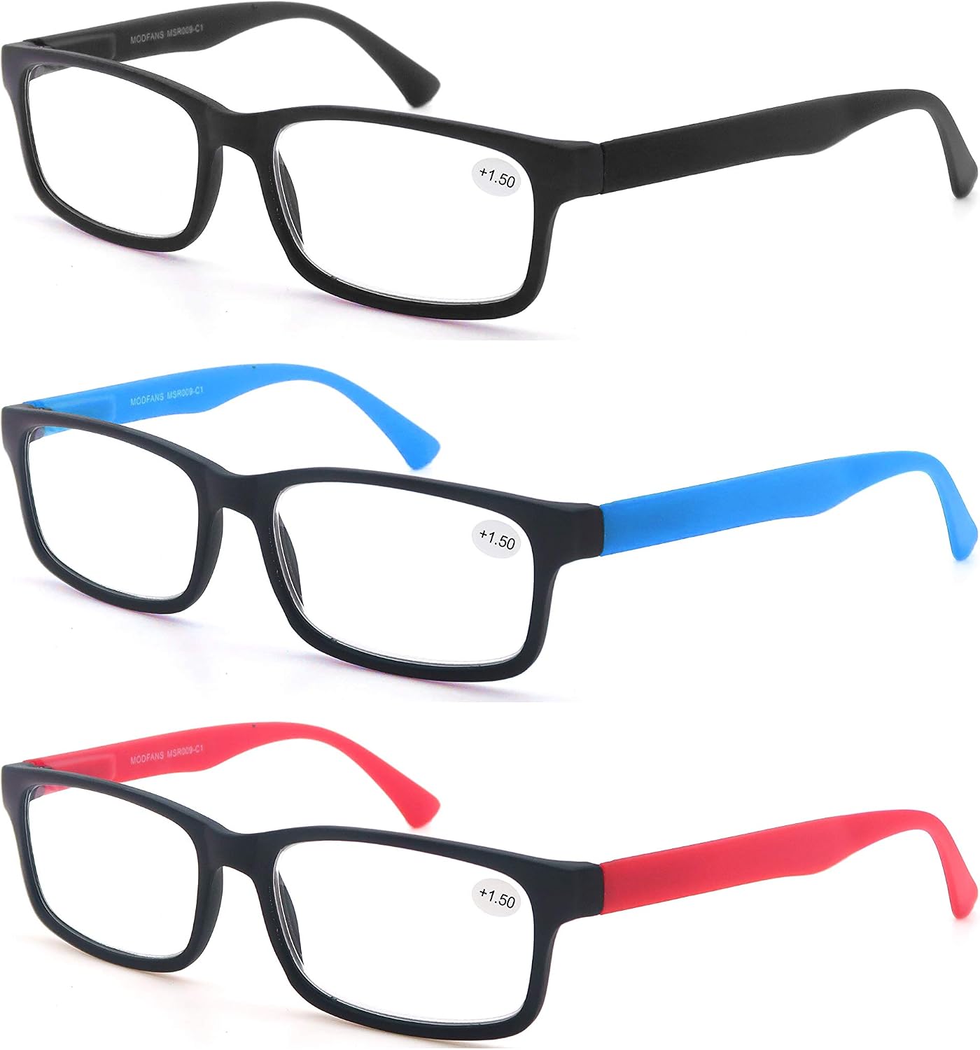 MODFANS Reading Glasses Men Women 3.0 Strength Readers Eyeglasses Square Matte Comfort Feel Spring Hinge 3 Pack Mix Color Black Red Blue