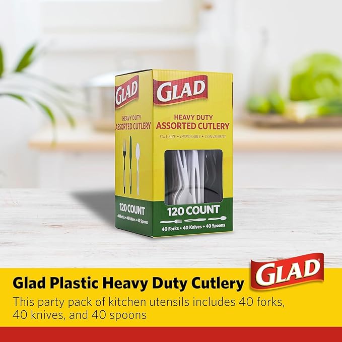 Glad Disposable Cutlery Set with Heavy Duty Plastic Forks, Knives, and Spoons, Reusable Dishwasher Safe Plastic Utensils for Parties and Everyday Use - Green, White, & Black, 120 Count - 6 Pack