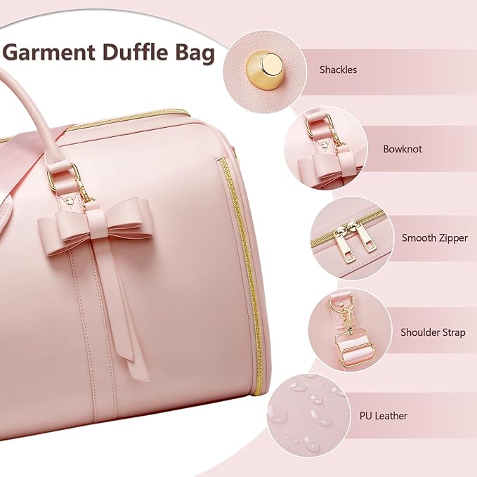 Garment Bags for Travel, Convertible Suit Travel Bag for Women, Fashion & Cute Carry On Garment Bag w/Shoes Pouch, 2 in 1 Foldable PU Leather Hanging Duffle Bag, Single-Zipper Design, Pink