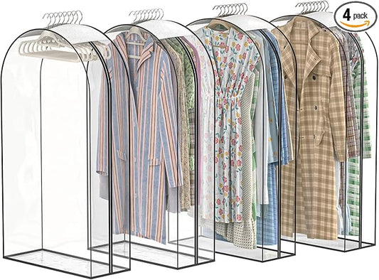 Upgraded Thickened Clear Garment Bags for Hanging Clothes 4 Packs, 10â Gusseted Clothes Hanging Storage Bags for Closet, Shirts, Coats, Dresses (50 inch)