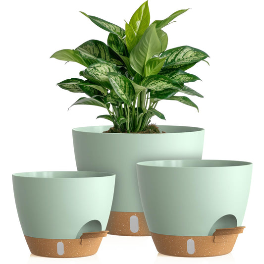 KUGAZ Self Watering Pots with Drainage Holes, 3 Pack 12/10/8 Inch Plant Pots with Water Level Indicator Deep Reservoir, Large Plastic Planter for Indoor Outdoor Plants - Green Brown