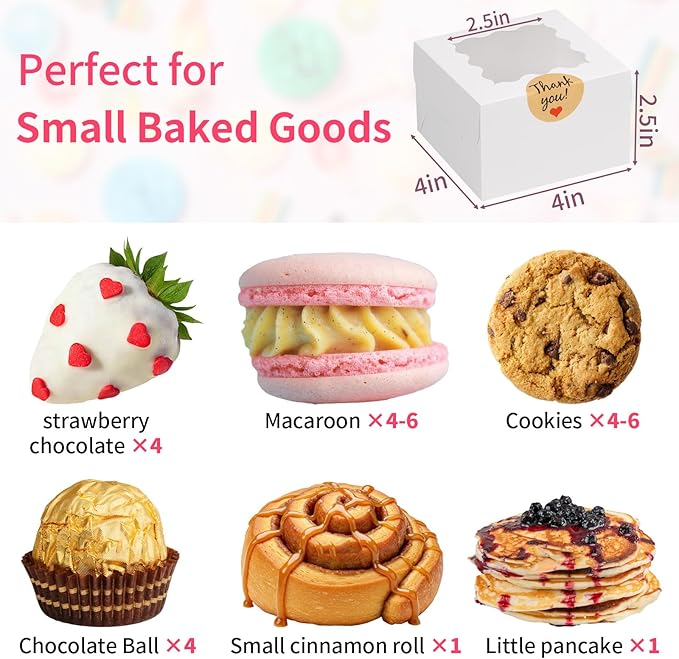 WINKIO 24pcs White Cookie Boxes, 4x4x2.5 Inches Bakery Boxes with Window, for Mini Cake Treat Dessert Pastry Donuts Macaroon Strawberries Chocolate Candy (with Stickers)