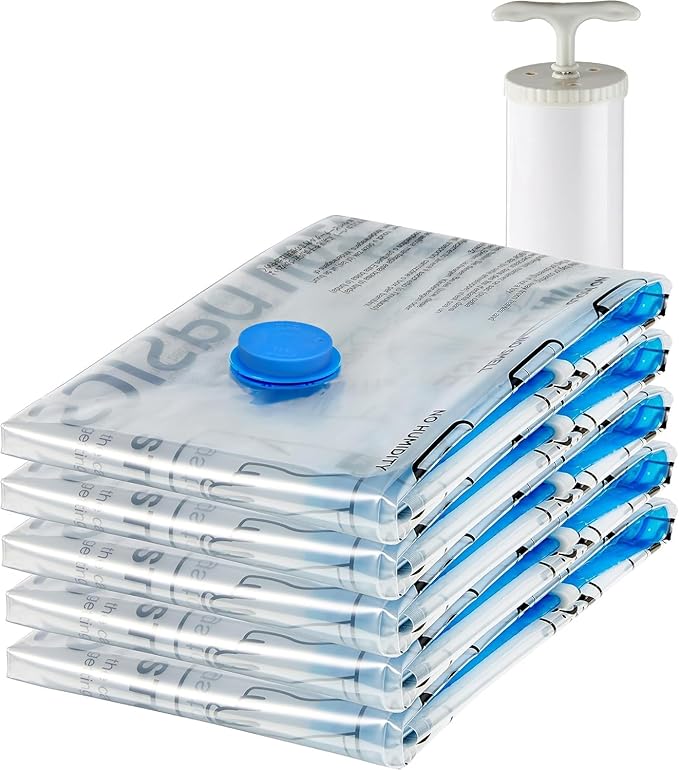 Amazon Basics Vacuum Compression Zipper Storage Bags With Hand Pump, Medium, Clear, 5-Pack, White, Sky Blue