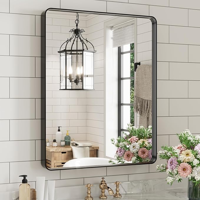 WEER Black Bathroom Mirror for Wall, 24X30 Inch Matte Black Mirror, Rectangular Black Metal Framed Vanity Mirror with Tempered Glass, Rounded Corner, Anti-Rust (Horizontal/Vertical)