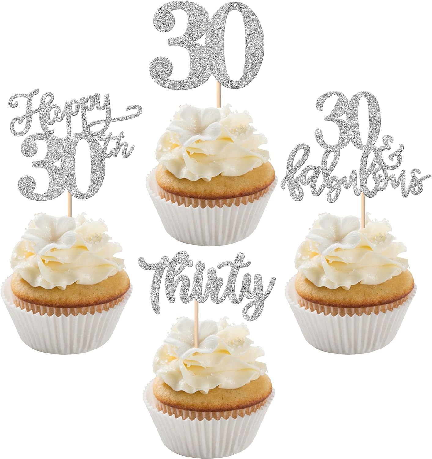 Rsstarxi 24 Pack Happy 30th Birthday Cupcake Toppers Glitter Thirty 30 Fabulous Cupcake Food Picks for 30th Birthday Wedding Anniversary Party Cake Decorations Silver