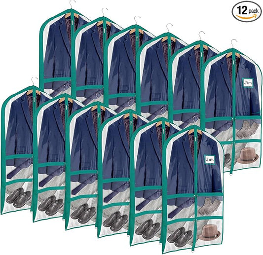 Univivi Clear Blue-green PVC Dance Costume Bags Garment Bag 40 Inch for Dance Competitions, with 4 Medium Clear Zipper Pockets and 1 Large Back Zippered Pocket (12 Pack, Clear Blue-green)