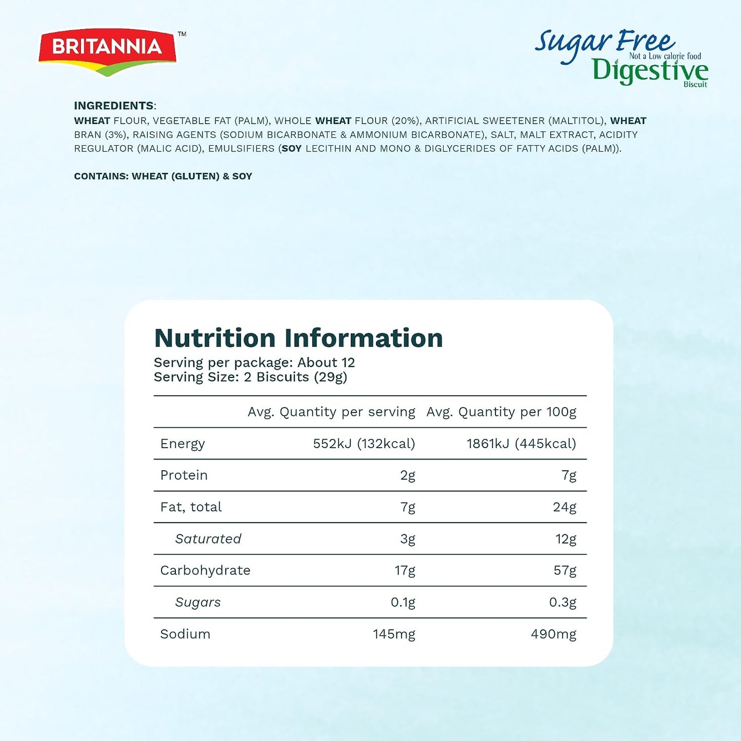 BRITANNIA Digestive Sugar Free Biscuits 12.34oz (350g) - Whole Wheat Flavor Cookies - Breakfast & Tea Time Healthy Snacks (Pack of 1)