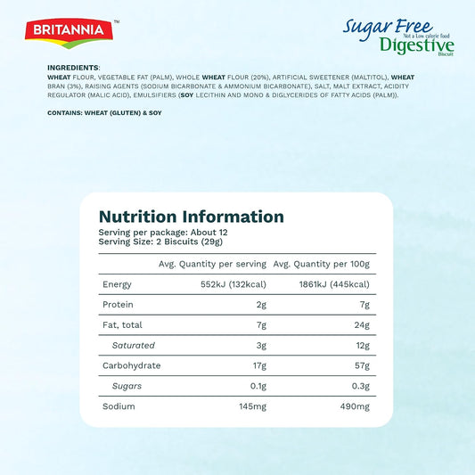 BRITANNIA Digestive Sugar Free Biscuits 12.34oz (350g) - Whole Wheat Flavor Cookies - Breakfast & Tea Time Healthy Snacks (Pack of 1)