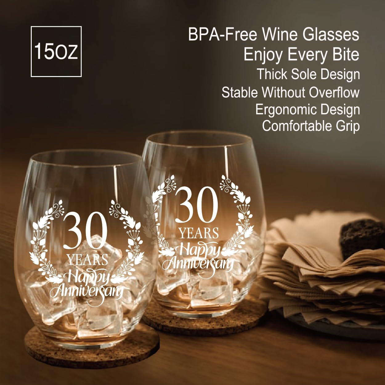 Perfectinsoy 30 Years Happy Anniversary Wine Glass Set of 2, 30th Anniversary Wedding Gift For Mom, Dad, Wife, Soulmate, Couple, Funny Vintage Unique Personalized, 30 Years Gifts