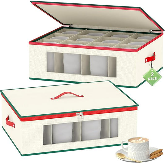 homyfort Mug Storage Box Organizer, China Cup Storage Containers with Dividers, 2 Pack Hard Shell for 24 Tea Cups and Coffee Mugs