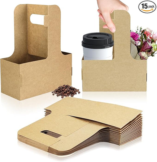 2 Cup Disposable Drink Carrier for Delivery with Handle,15 Count Kraft Paperboard Cup Holder,Cup Carriers for Hot or Cold Drinks,Coffee Carrier, Food Delivery,Take Out Cup Carriers (Brown)