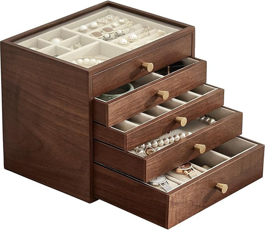 CHOSIN Black Walnut Wooden Jewelry Box Women large 5 Level Drawer Organizer Box with Glass Lid for Necklaces Watch Necklace Ring Earring Storage Valentine's Day Gifts