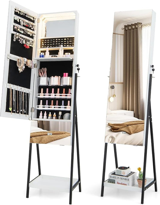 CHARMAID Jewelry Cabinet Armoire with Full Length Mirror, 3-Color Light Strips, Mirrored Tilt out Drawer, Lockable Standing Jewelry Organizer with Storage Shelves, Metal Stand (White)