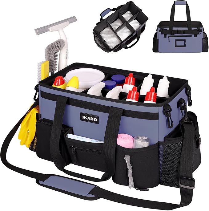 Large Wearable Cleaning Caddy Bags,Cleaning Supplies Storage Bag with Handles and Adjustable Shoulder Strap and Removable Waist Straps,Waterproof Cleaning Bags for Home,Car,Office (Denim Blue)