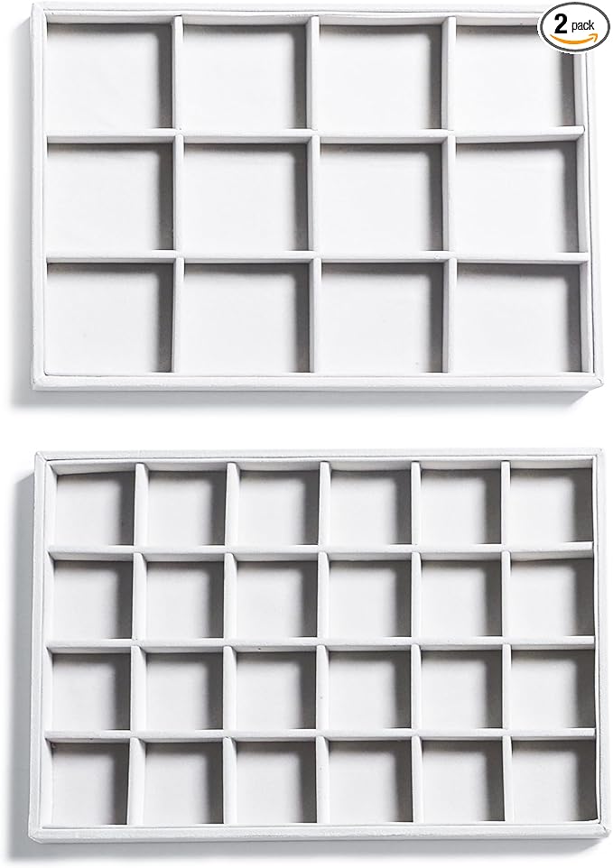 Frebeauty Stackable Velvet Jewelry Organizer Trays for Drawers Inserts Jewelry Storage Tray Display Case, Stud Earrings Bracelets Necklace Rings Accessories Trays for Women(Set of 2)(White)