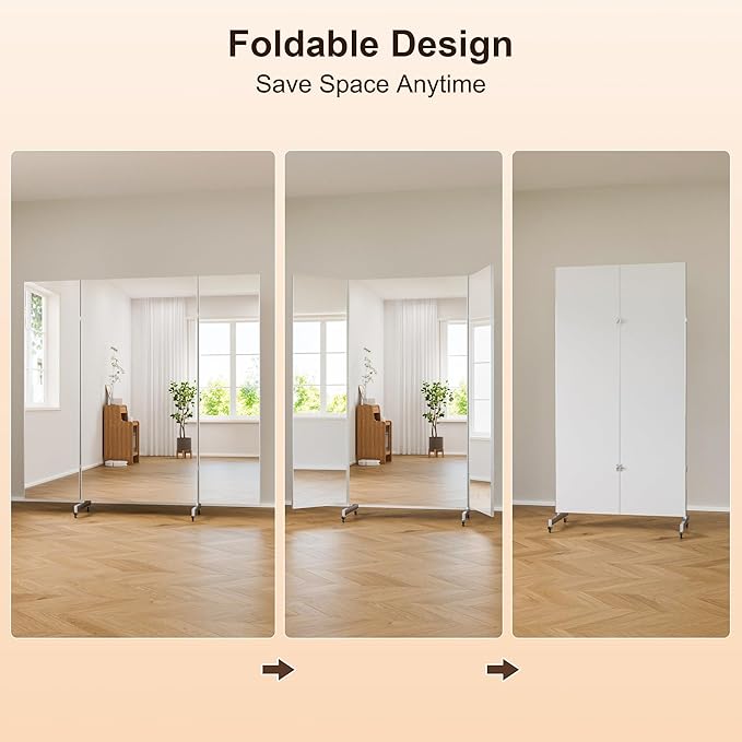 brisafe 71"x67" Folding Mirror with Wheels, 3-Panel Full Length Wall Mirror, Space-Saving Design, Shatterproof Nano Material, Portable Floor Mirror for Gym, Dance Studio, Home, Commercial Use, Silver