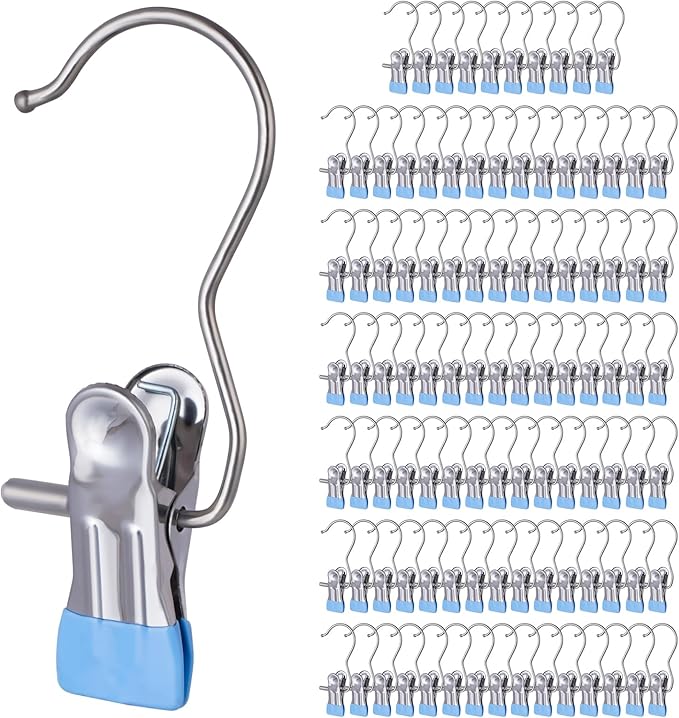 100PCS Space-Saving Clothespin Hat Pants Storage Hanging Travel Hook,Portable 360Â° Rotating Stainless Steel Hanging Hook Clips Towel Clips,Laundry Hooks Hanging Clips with Clips for Home and Travel