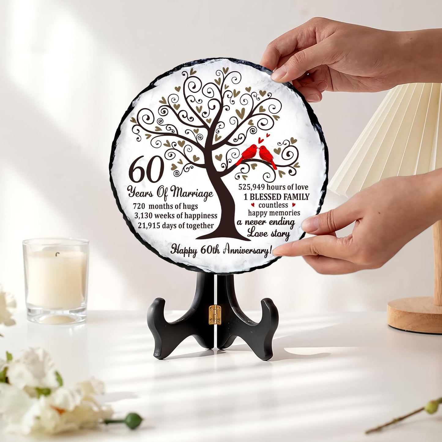 Bozspacer 60th Diamond Wedding Anniversary Natural Slate - 60th Wedding Gifts for Parents Grandparents - 60th Anniversary Decorations Unique Gift Ideas - 60 Years of Marriage Plaque, Keepsake