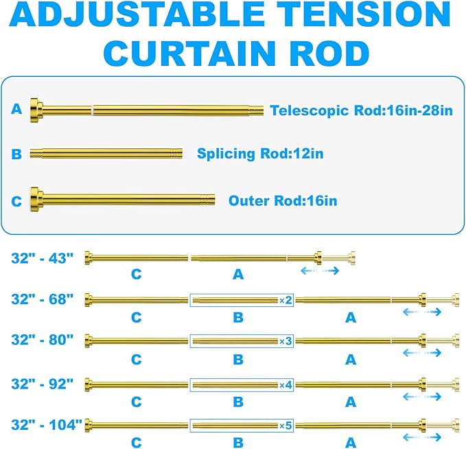 TEECK Shower Curtain Rod, 32-43 inch Adjustable Spring Tension Curtain Rod, Never Rust Anti-Slip Shower Curtain Rod for Bathroom, No Drilling, Never Collapse, Easy to Use, Gold