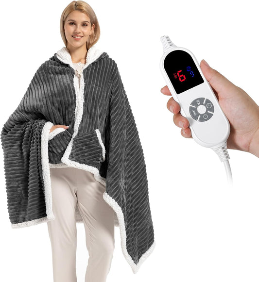 Electric Blanket Heated Throw, Soft Flannel & Sherpa Wearable Heated Blanket Hoodie, Heated Shawl Wraps for Gift with 6 Heating Levels & 12H Auto Off, ETL Certified, Home Office, 40x70 Inch, Dark Grey