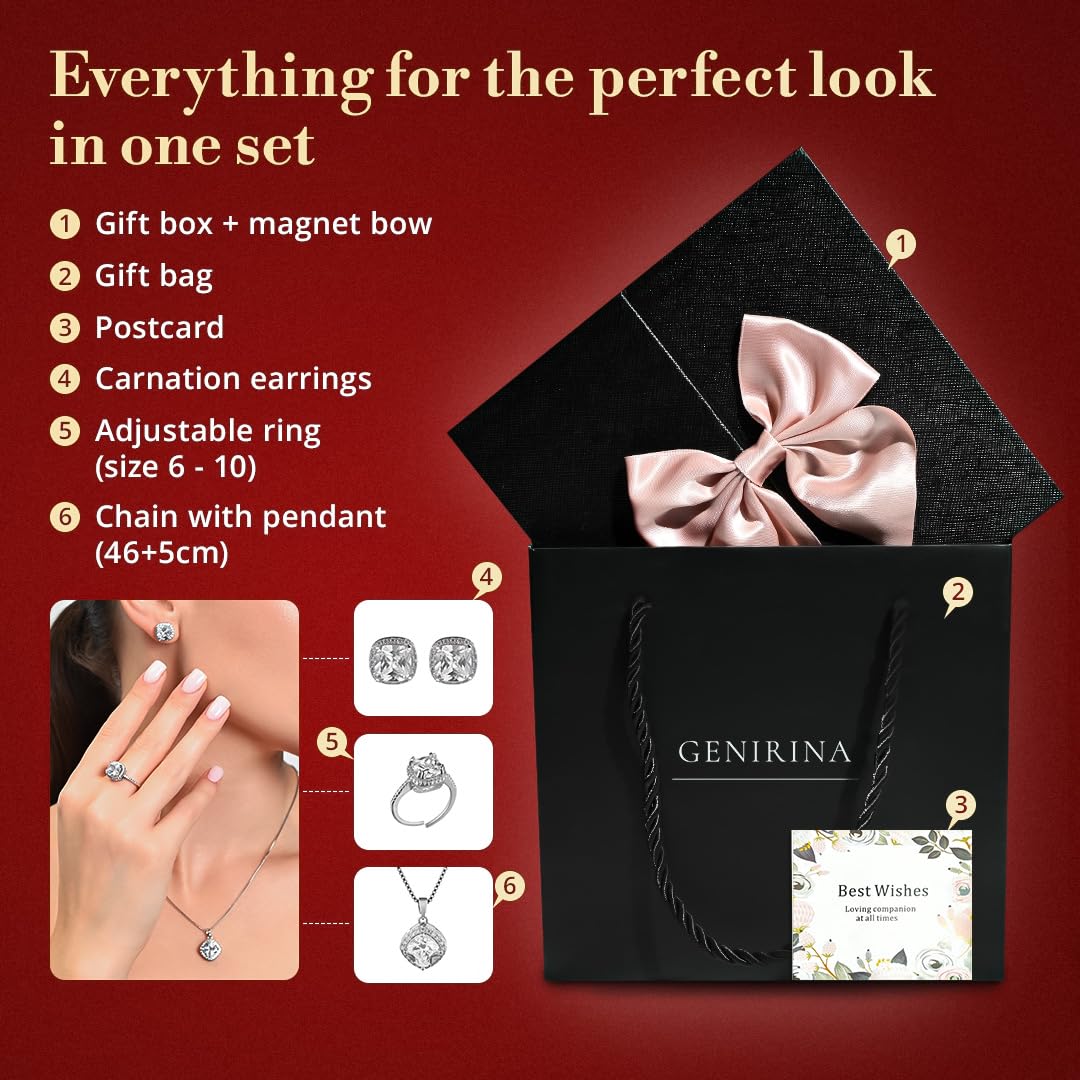 GENIRINA Preserved Rose with Necklace Gift Box - Preserved Real Rose Flowers with Cubic Zirconia Pendant Necklace, Earrings and Adjustable Ring in Beautiful Gift Box for Her Women Wife Mom Girlfriend