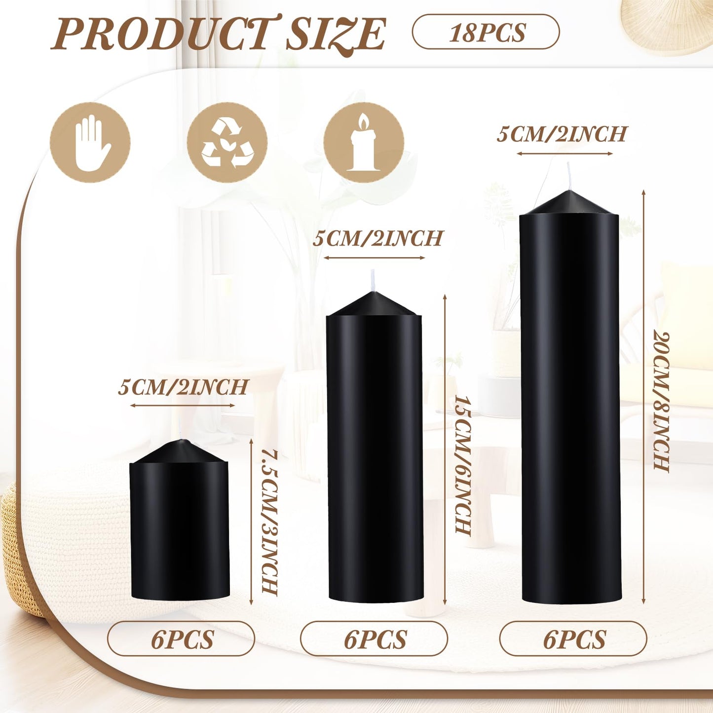 MTLEE 18 Pcs Set of 3 Pillar Candles Bulk 2 in x 3, 6, 8 Long Burning Clean Unscented Smokeless Pillar Candles for Wedding Emergency Lanterns Ceremony Party(Black)