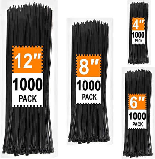 Zip Ties Assorted Sizes 4+6+8+12 inch, 4000 Pack, Black Cable Ties, UV Resistant Wire Ties for Outdoor Use, LOCKLOCK