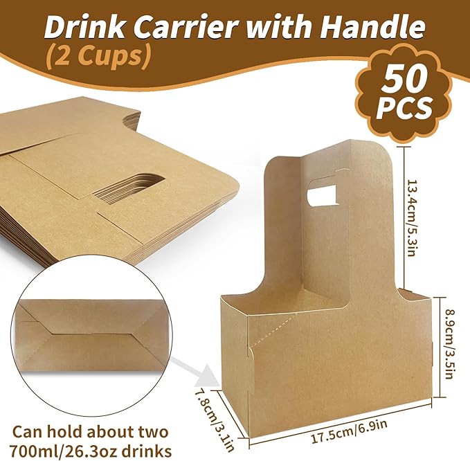 50 Pcs Coffee Drink Carrier with Handle(2 Cups or 4 Cups),Assemblable Drink Holder with Handle,Disposable Cup Holders for Drinks, Great for All Your Drink and Food Delivery,Coffee Carrier