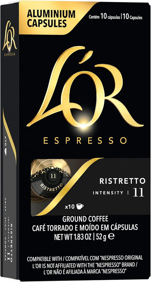 L'OR Espresso Capsules, 10 Count Ristretto, Single-Serve Aluminum Coffee Capsules Compatible with the L'OR BARISTA System & *Nespresso Original Machines, 10 Count (Pack of 1)