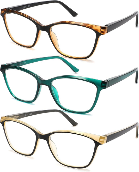 Reading Glasses for Women, 3-Pack Blue Light Computer Eyeglasses, Cat-Eye Fashion Full Frame with Spring Hinge Ladies Readers +3.0diopter