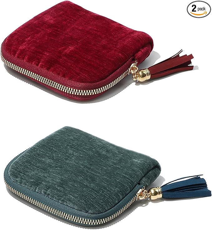 2-Pack Velvet Jewelry Organizer Case - Travel Zipper Pouch with Tassel, 6-Layer Storage for Bracelets, Bangles & Accessories (Red + Navy Blue)