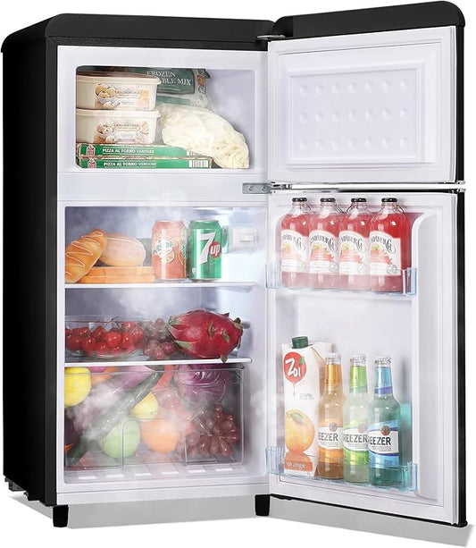 Small Refrigerator with Top Freezer 100Liter Retro Mini Fridge with Adjustable Glass Shelving, 7 Temperature Control and LED Lighting, Retro Black